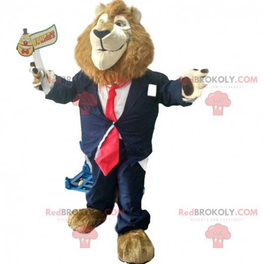 Mascota del león con un traje de corbata, elegante disfraz -