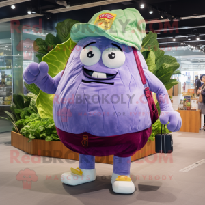 Purple Corned Beef And Cabbage mascot costume character dressed with a Denim Shorts and Wallets