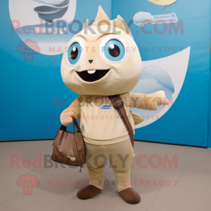 Beige Tuna mascot costume character dressed with a Jeggings and Tote bags