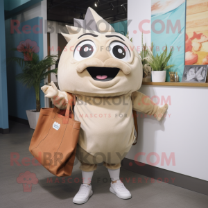 Beige Tuna mascot costume character dressed with a Jeggings and Tote bags