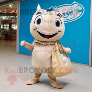 Beige Tuna mascot costume character dressed with a Jeggings and Tote bags