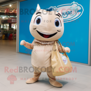 Beige Tuna mascot costume character dressed with a Jeggings and Tote bags