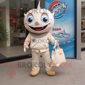 Beige Tuna mascot costume character dressed with a Jeggings and Tote bags