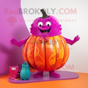 Magenta Pumpkin mascot costume character dressed with a Swimwear and Wraps