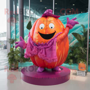 Magenta Pumpkin mascot costume character dressed with a Swimwear and Wraps