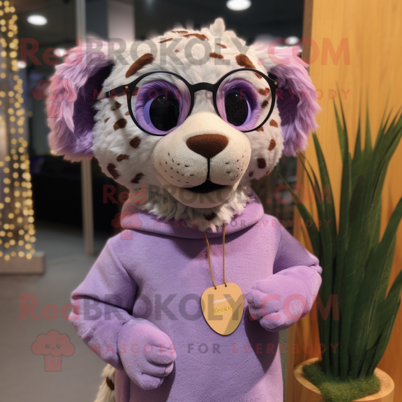 Lavender Cheetah mascot costume character dressed with a Sweater and Eyeglasses