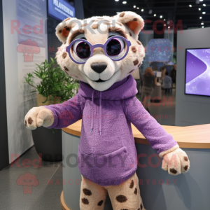 Lavender Cheetah mascot costume character dressed with a Sweater and Eyeglasses