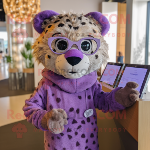 Lavender Cheetah mascot costume character dressed with a Sweater and Eyeglasses