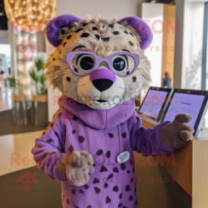 Lavender Cheetah mascot costume character dressed with a Sweater and Eyeglasses