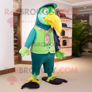 Green Toucan mascot costume character dressed with a Chinos and Coin purses