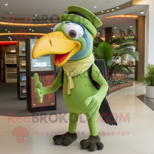 Green Toucan mascot costume character dressed with a Chinos and Coin purses