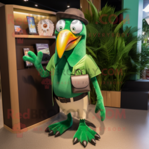 Green Toucan mascot costume character dressed with a Chinos and Coin purses