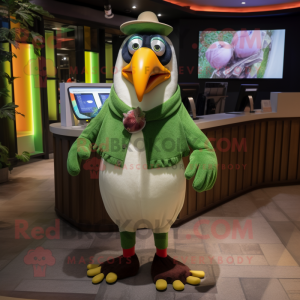 Green Toucan mascot costume character dressed with a Chinos and Coin purses