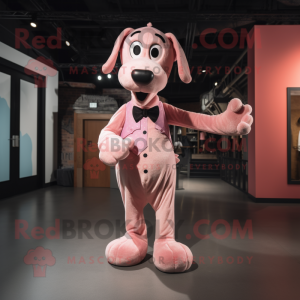 Pink Dog mascot costume character dressed with a Henley Shirt and Bow ties