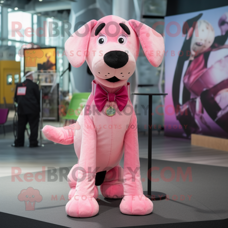 Pink Dog mascot costume character dressed with a Henley Shirt and Bow ties