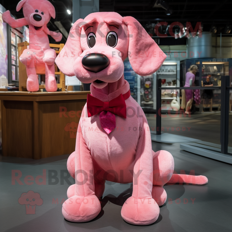 Pink Dog mascot costume character dressed with a Henley Shirt and Bow ties