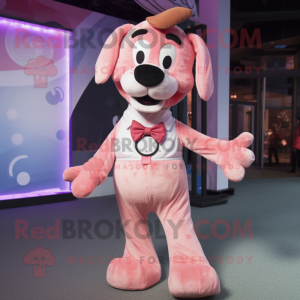 Pink Dog mascot costume character dressed with a Henley Shirt and Bow ties
