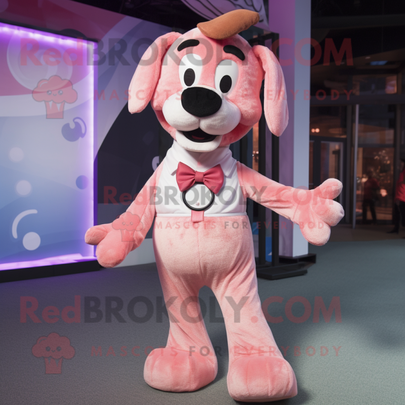 Pink Dog mascot costume character dressed with a Henley Shirt and Bow ties