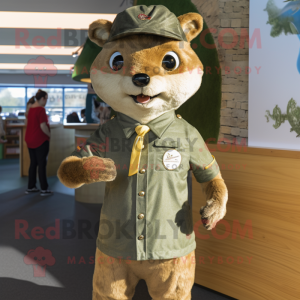 Olive Marten mascot costume character dressed with a Oxford Shirt and Rings
