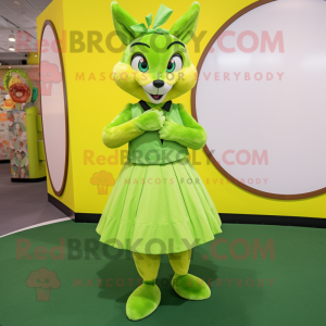 Lime Green Fox mascot costume character dressed with a Circle Skirt and Clutch bags