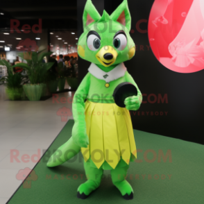 Lime Green Fox mascot costume character dressed with a Circle Skirt and Clutch bags