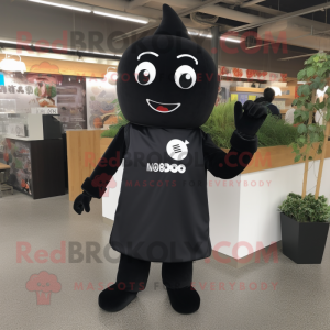 Black Miso Soup mascot costume character dressed with a Jumpsuit and Shoe clips