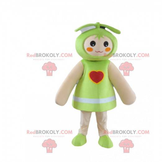 Bambola mascotte, costume da bambino verde con un cuore -