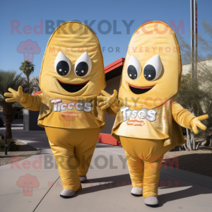 Gold Tacos mascot costume character dressed with a Bikini and Mittens