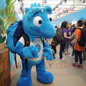 Blue Sea Horse mascot costume character dressed with a Hoodie and Backpacks