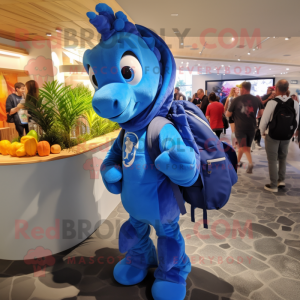 Blue Sea Horse mascot costume character dressed with a Hoodie and Backpacks