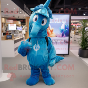 Blue Sea Horse mascot costume character dressed with a Hoodie and Backpacks