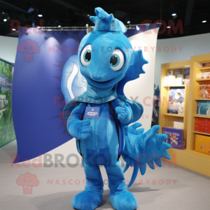 Blue Sea Horse mascot costume character dressed with a Hoodie and Backpacks