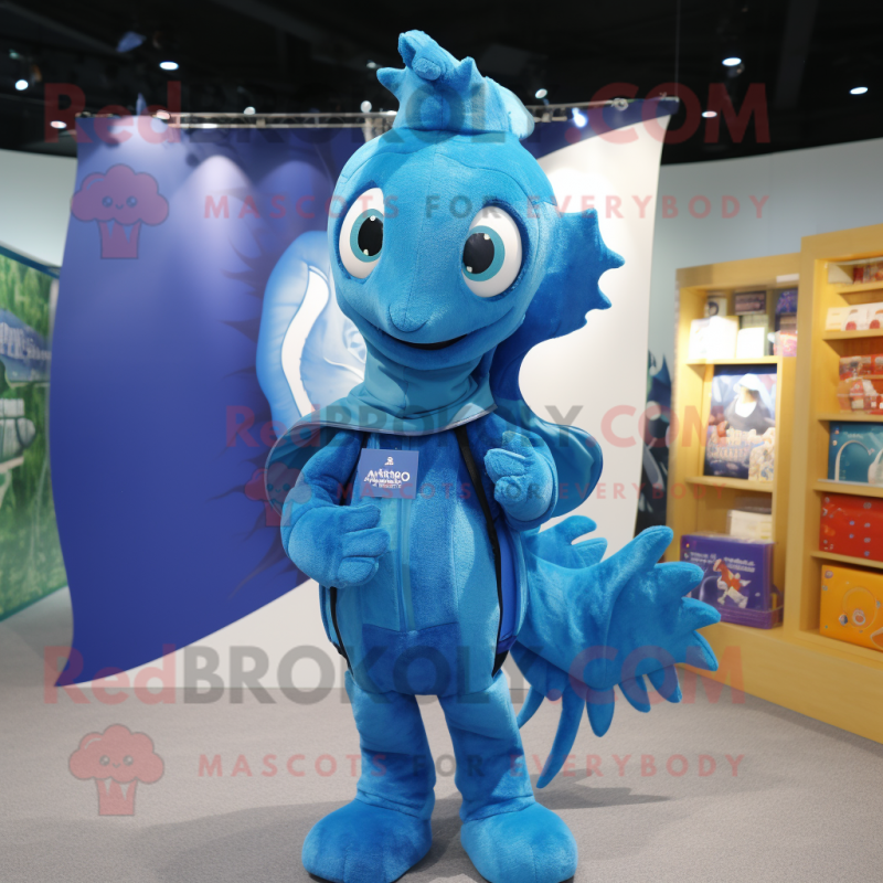 Blue Sea Horse mascot costume character dressed with a Hoodie and Backpacks Blue Sea Horse mascot costume character dressed with a Hoodie and Backpacks