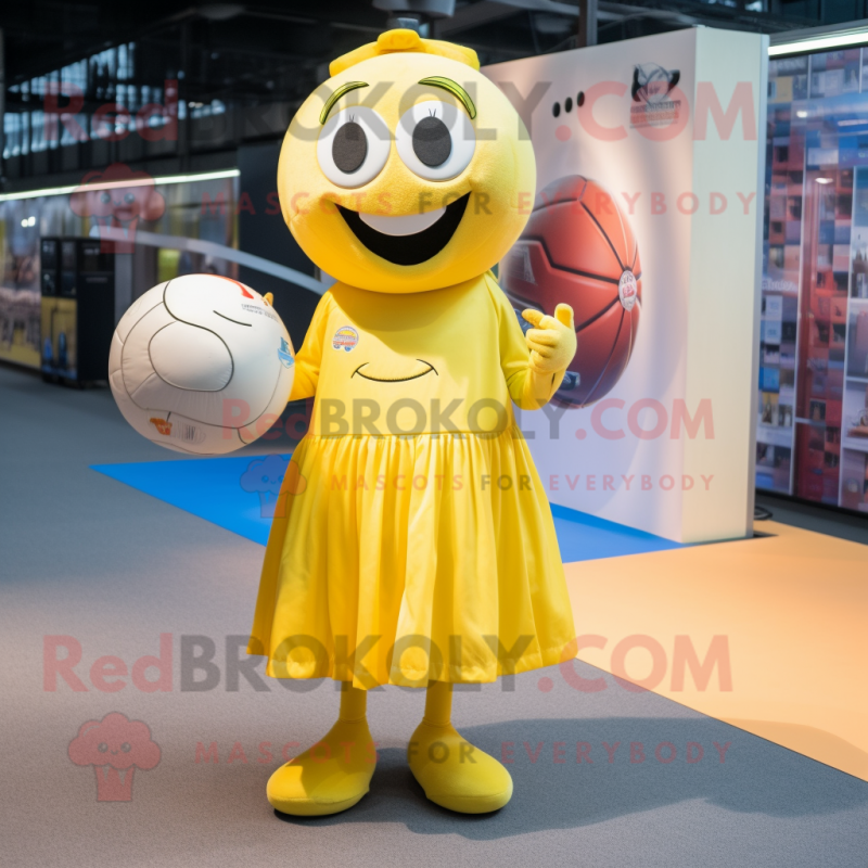 Yellow Handball Ball mascot costume character dressed with a Wrap Dress and Keychains Yellow Handball Ball mascot costume character dressed with a Wrap Dress and Keychains