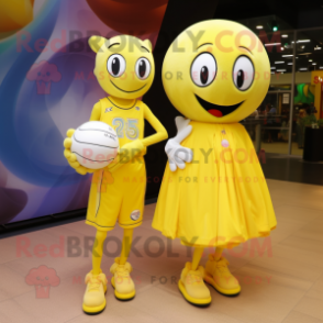 Yellow Handball Ball mascot costume character dressed with a Wrap Dress and Keychains