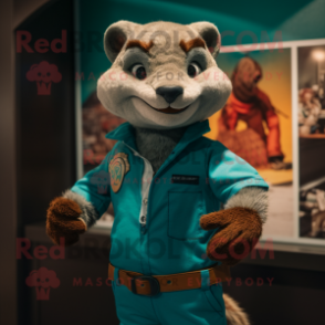 Teal Mongoose mascot costume character dressed with a Henley Shirt and Cummerbunds