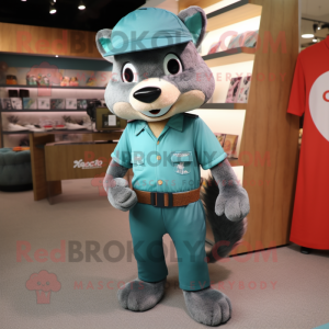 Teal Mongoose mascot costume character dressed with a Henley Shirt and Cummerbunds