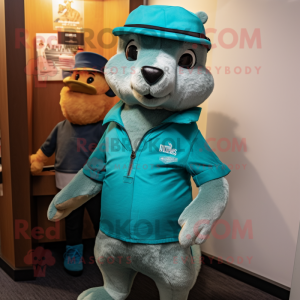Teal Mongoose mascot costume character dressed with a Henley Shirt and Cummerbunds