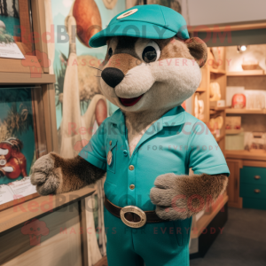 Teal Mongoose mascot costume character dressed with a Henley Shirt and Cummerbunds