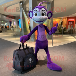 Purple Acrobat mascot costume character dressed with a Yoga Pants and Tote bags