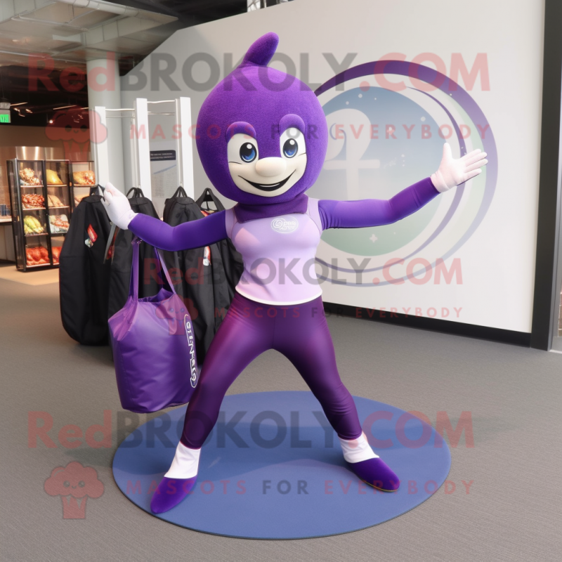 Purple Acrobat mascot costume character dressed with a Yoga Pants and Tote bags Purple Acrobat mascot costume character dressed with a Yoga Pants and Tote bags
