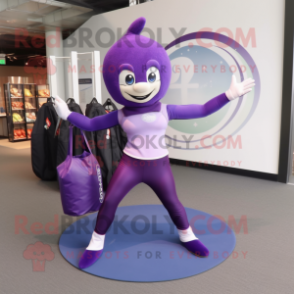 Purple Acrobat mascot costume character dressed with a Yoga Pants and Tote bags