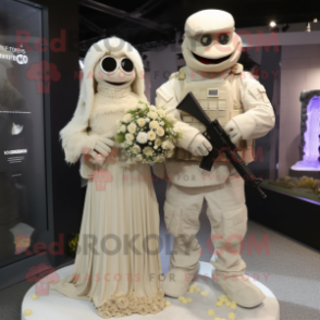 Beige Sniper mascot costume character dressed with a Wedding Dress and Mittens