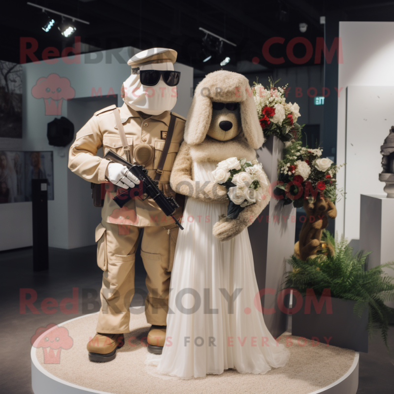 Beige Sniper mascot costume character dressed with a Wedding Dress and Mittens Beige Sniper mascot costume character dressed with a Wedding Dress and Mittens