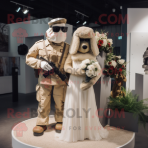 Beige Sniper mascot costume character dressed with a Wedding Dress and Mittens