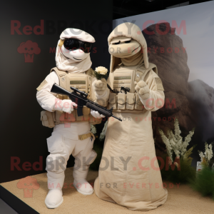 Beige Sniper mascot costume character dressed with a Wedding Dress and Mittens