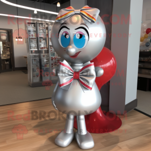 Silver Gumball Machine mascot costume character dressed with a A-Line Skirt and Bow ties