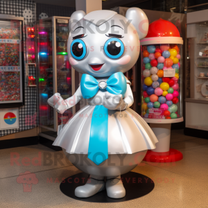 Silver Gumball Machine mascot costume character dressed with a A-Line Skirt and Bow ties