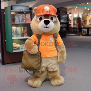 Peach Marmot mascot costume character dressed with a Cargo Shorts and Coin purses