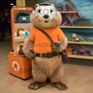 Peach Marmot mascot costume character dressed with a Cargo Shorts and Coin purses